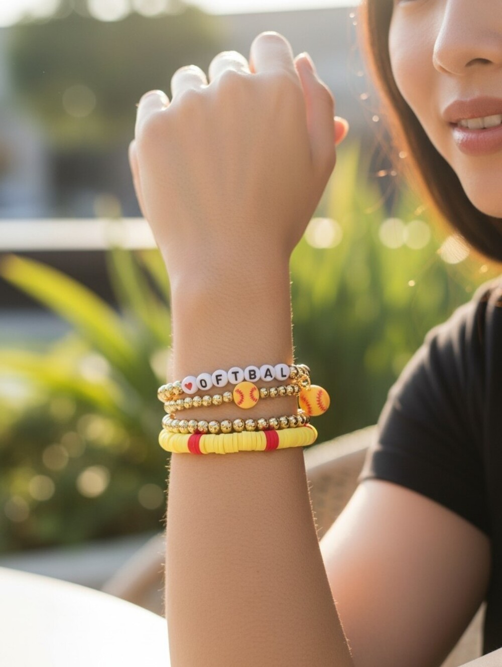 Softball Charm Beaded 3 Bracelet Set - Yellow Accent